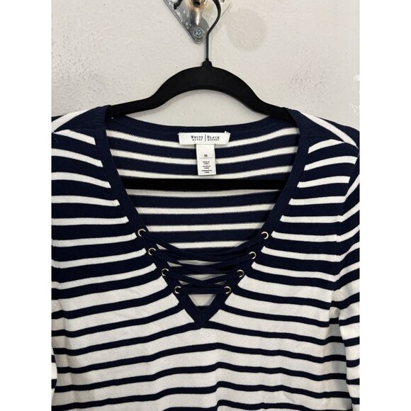 White House Black Market V Neck Striped Navy And White Nautical Sweater Blouse M - Picture 2 of 11